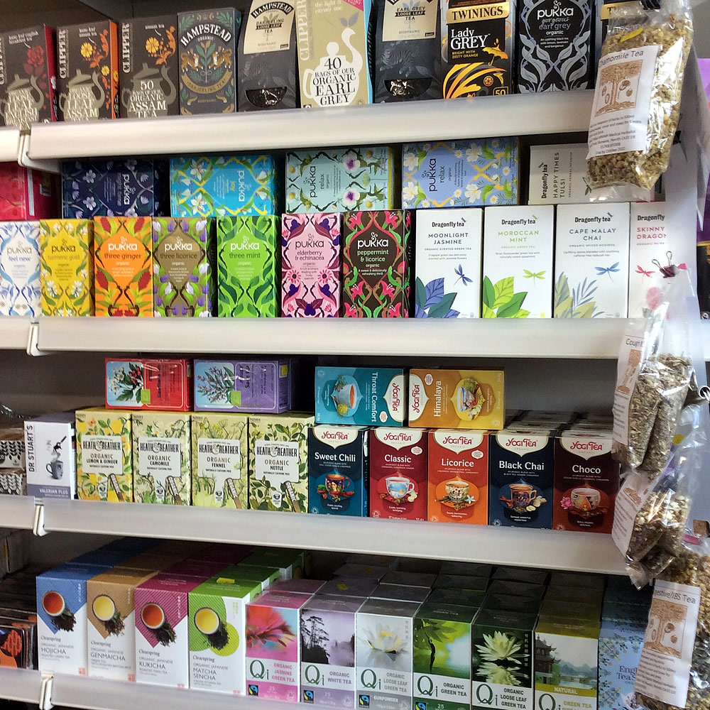 Range of teas on shelf